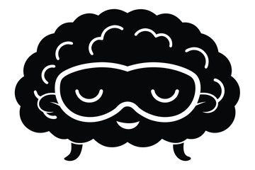 Sleepy Cartoon Brain in Black and White Silhouette Isolated on White Background