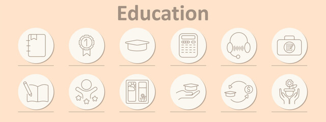 Education set icon. Notebook, medal with ribbon, graduation cap, calculator, headset, briefcase, open book with pencil, child with stars, locker, hand with cap, cap with arrow, hands with flower gear.