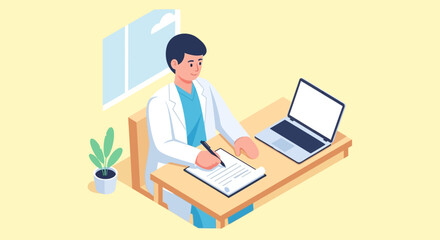 Cartoon Doctor Writing on Clipboard at Desk with Laptop