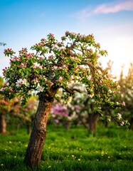 Blooming  trees stand tall in a vibrant spring orchard, showcasing a profusion of white and pink blossoms against a clear blue sky.