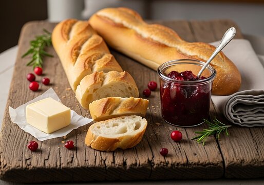 Freshly baked baguettes with cranberry sauce and butter