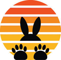 a bunny footprints silhouette on retro stripe sun .eps