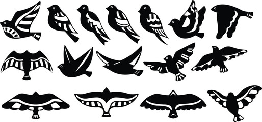 Fototapeta premium Art & IllustrationBird icon set.Set of black bird silhouettes. Vector elements for design.Minimalist Bird Illustration,Icon, and Clipart on White Background.Vectorial illustrations of various bird.