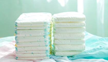 Stacks of White Disposable Diapers on Pastel Baby Blanket