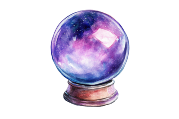 Mystical purple crystal ball on a stand isolated on transparent background. Purple crystal ball watercolor isolated on white background.