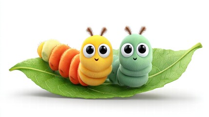 Two adorable cartoon caterpillars resting peacefully on a big green leaf, smiling.
