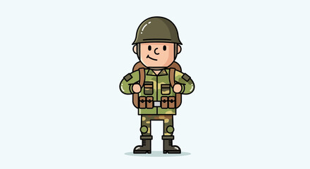 Cartoon Soldier in Camouflage Uniform with Backpack
