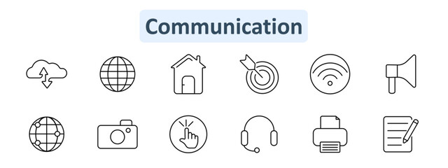 Communication icon set. Cloud arrows, globe, house, target, wifi, megaphone, connected globe, camera, tap hand, headset, printer, paper with pencil.
