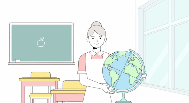 Cartoon Teacher Holding a Globe in Classroom Illustration