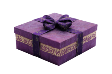 Elegant purple gift box with ornate ribbon isolated on transparent background. Purple gift box isolated on white background.