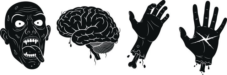 Terrifying zombie head, severed arm, and bloody hand with scratch marks create chilling horror.