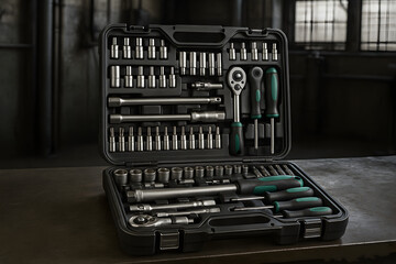 Set of modern hand tools neatly arranged on a wooden workbench including hammer, screwdriver, professional photography