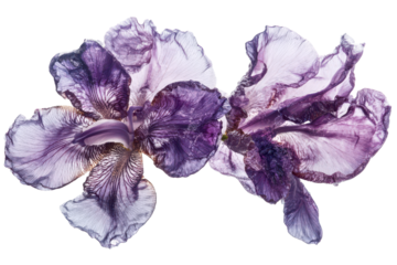 Two purple iris flowers isolated on transparent background. Purple iris flower isolated on white background.