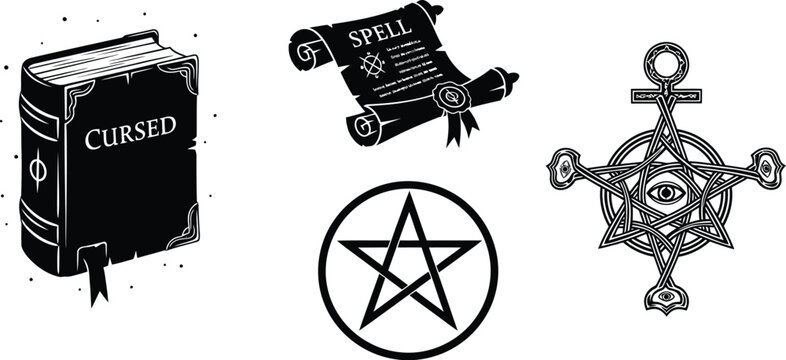 Discover ancient magic with a cursed book, spell scroll, pentagram, and occult symbol