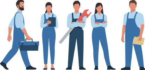Industrial worker team vector illustration, skilled laborers, factory crew, diverse technicians, engineers in uniform, mechanic team, manufacturing professionals clipart