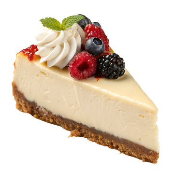 A single slice of creamy new york cheesecake isolated on a transparent background png