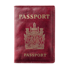 Red Leather Passport Cover with Text and Emblem Highlighting Travel and Adventure Opportunities