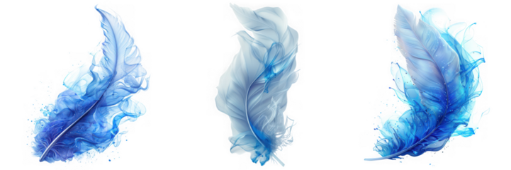 Watercolor feathers with blue splashes isolated on transparent background, creating a visually stunning and artistic composition