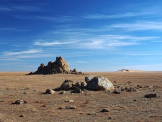 Desolate Gobi expanse: Rugged Rocks and Solitary Dune on the Horizon