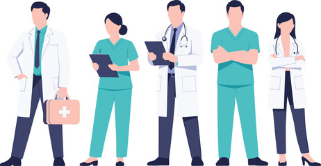 Medical professionals team vector, doctors and nurses illustration, healthcare staff clipart, modern hospital workers in uniforms and coats