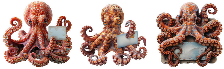 Fototapeta premium Three cute octopus holding blank sign isolated on transparent background, perfect for marine life illustration, seafood restaurant menu, or funny animal character