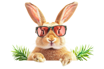 Cute brown rabbit wearing sunglasses and peeking over a white surface isolated on transparent background. Rabbit isolated on white background.