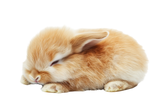 Adorable fluffy brown baby bunny rabbit sleeping peacefully isolated on transparent background. Rabbit isolated on white background.