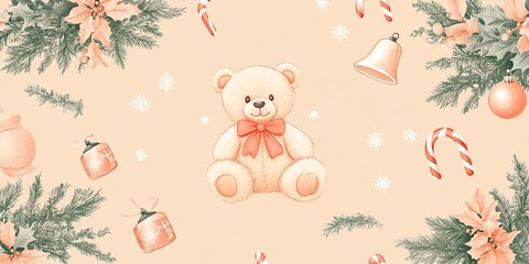 Fototapeta premium Adorable Teddy Bear Christmas Watercolor Illustration Festive Winter Holiday Season Greetings Card Design