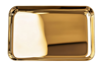 Golden baking tray isolated on transparent background. Rectangular gold metal plate with a smooth polished surface and rounded isolated on white background.