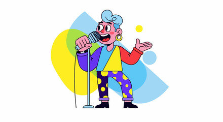 Fototapeta premium Colorful Cartoon Singer with Microphone, Energetic Pose, Bold Clothing