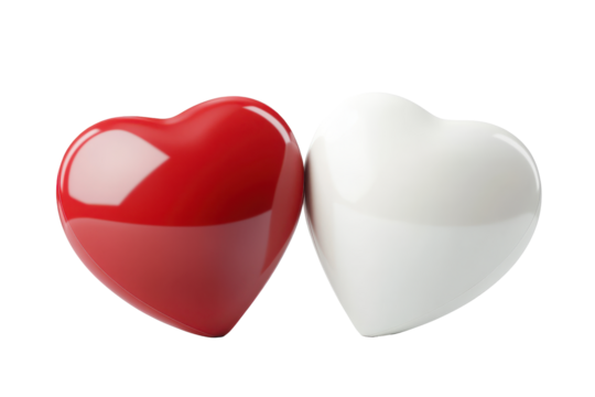 Two heart shapes one red one white isolated on transparent background. Red and white heart isolated on white background, 3d rendering.