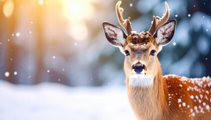 A magnificent deer stands majestically in a snowy wonderland, with winter light shining through the falling snow. The deer has a brown coat with distinctive white spots and impressive antlers