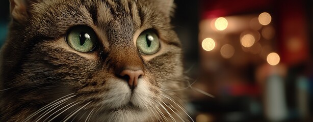 Dramatic Cat Portrait in Spotlight – Close-Up of a Cat's Face with Expressive Green Eyes in Warm Lighting cozy composition for holiday, animal care, and lifestyle branding visuals