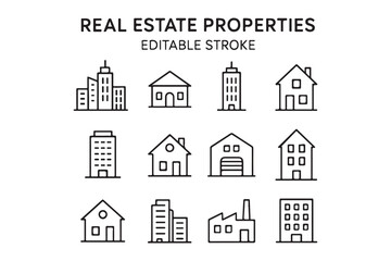 Fototapeta premium Real estate Properties line editable icon set. Containing, Urban architecture, building, skyscraper, and more. Editable stroke. Vector illustration on white background