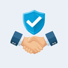 Business handshake seals deal under protective shield, symbolizing trust and security in partnership, fostering confidence and reliability.