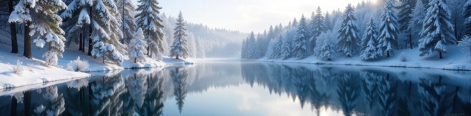 Snow dusted pines mirroring in a still pond, crisp winter light , snow, cold, sun