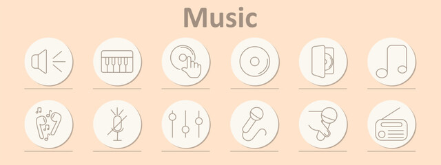 Music icon. Speaker with lines, piano keyboard, hand on record, vinyl disc, cassette, music note, dancing earphones, microphone, equalizer sliders, handheld microphone, microphone with headset, radio.