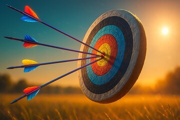 Archery Target with Arrows Hitting Bullseye in Sunlight &ndash; 3D Illustration of Precision, Success, and Achievement