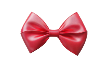 Shiny red bow tie accessory isolated on transparent background. Red ribbon bow floating isolated on white background.