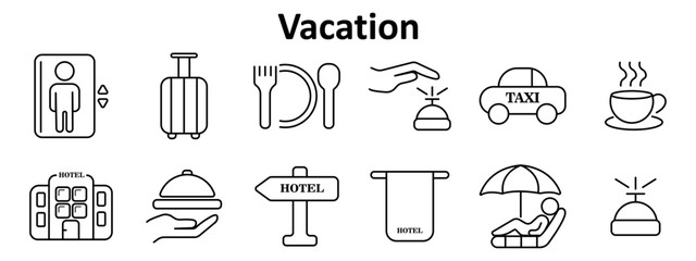 Vacation set icon. Includes elevator, suitcase, cutlery, bell service, taxi, coffee cup, hotel building, food tray, hotel sign, towel, beach chair, call bell