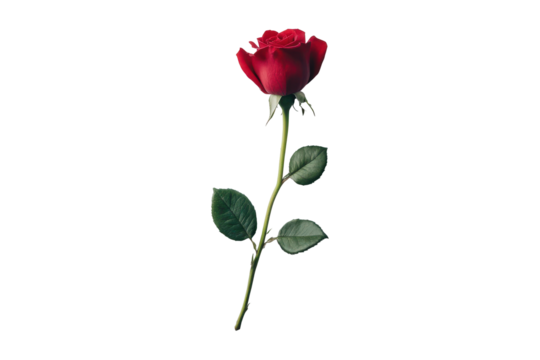 Single red rose with green leaves isolated on transparent background. Red rose flower isolated on white background.