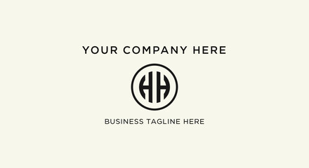Elegant black HH monogram logo in a circle, with placeholder company name and business tagline text.
