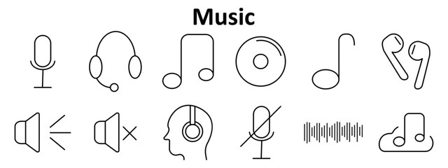 Music set icon. Includes microphone, headset, musical notes, CD, earphones, volume speaker, mute symbol, audio waveform, head with headphones, cloud with note.