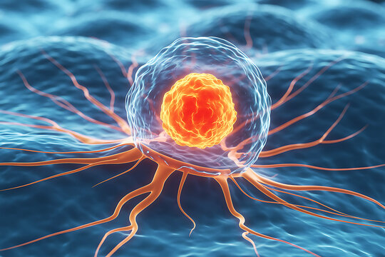 macro style 3d medical illustration of a cancer cell with invasive pseudopods showing malignant growth mutation and metastasis concept for oncology research and education