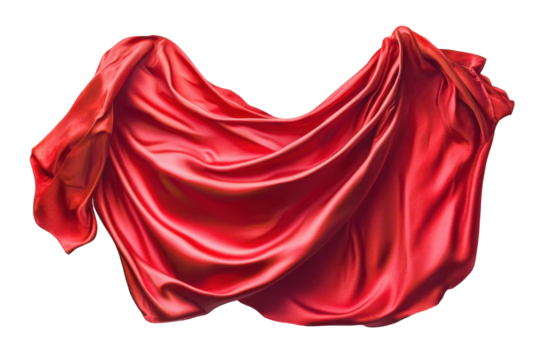 Flowing red silk fabric draped elegantly isolated on transparent background. Red theater curtain isolated on white background.