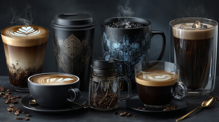 Fototapeta premium set of coffee latte art vector illustration. latte art collection, espresso, cappuccino americano, black coffee