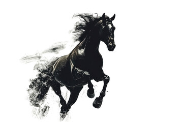 Majestic black horse sculpture with flowing mane isolated on transparent background. Running brown horse isolated on white background.