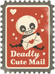 Naklejka premium Halloween stamp, Adorable skeleton holding love letter with 