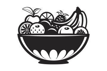 Monochrome Bowl of Fresh Fruits with Apple, Banana, Strawberry Design Art