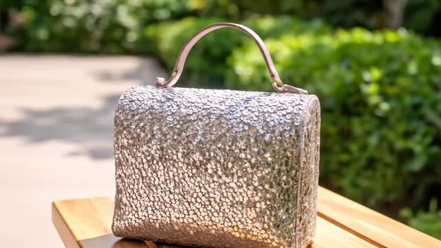 Elegant silver handbag on a wooden table outdoors